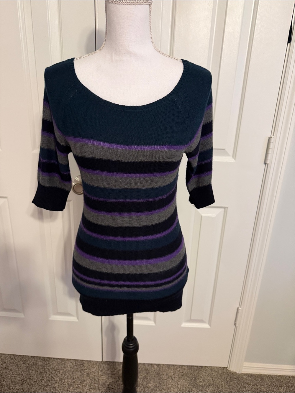 Adrianna Papell Striped Scoop Neck Sweater in Black, Gray & Purple